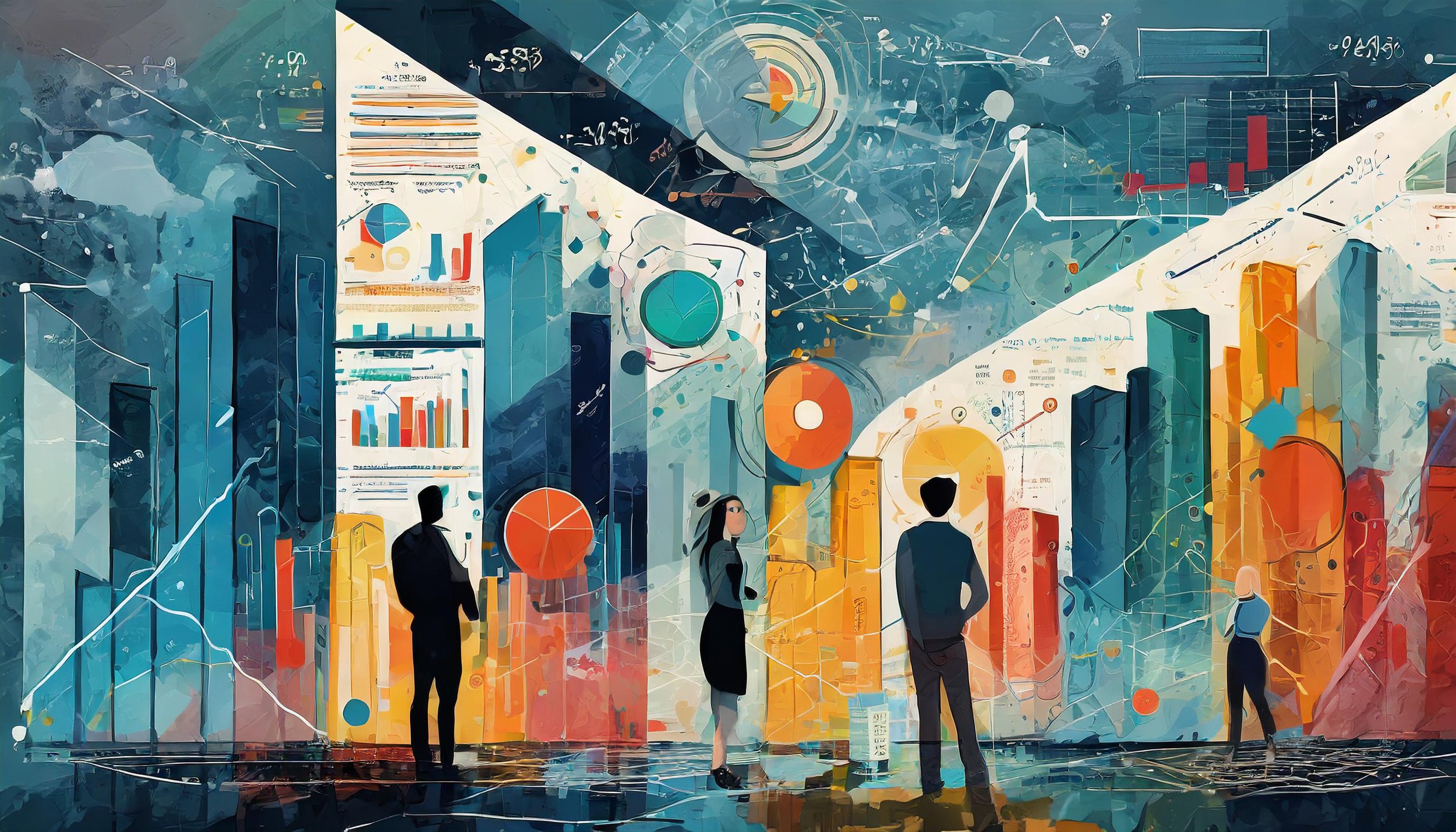 An illustration of a mural depicting community stories and achievements through data graphs and charts.